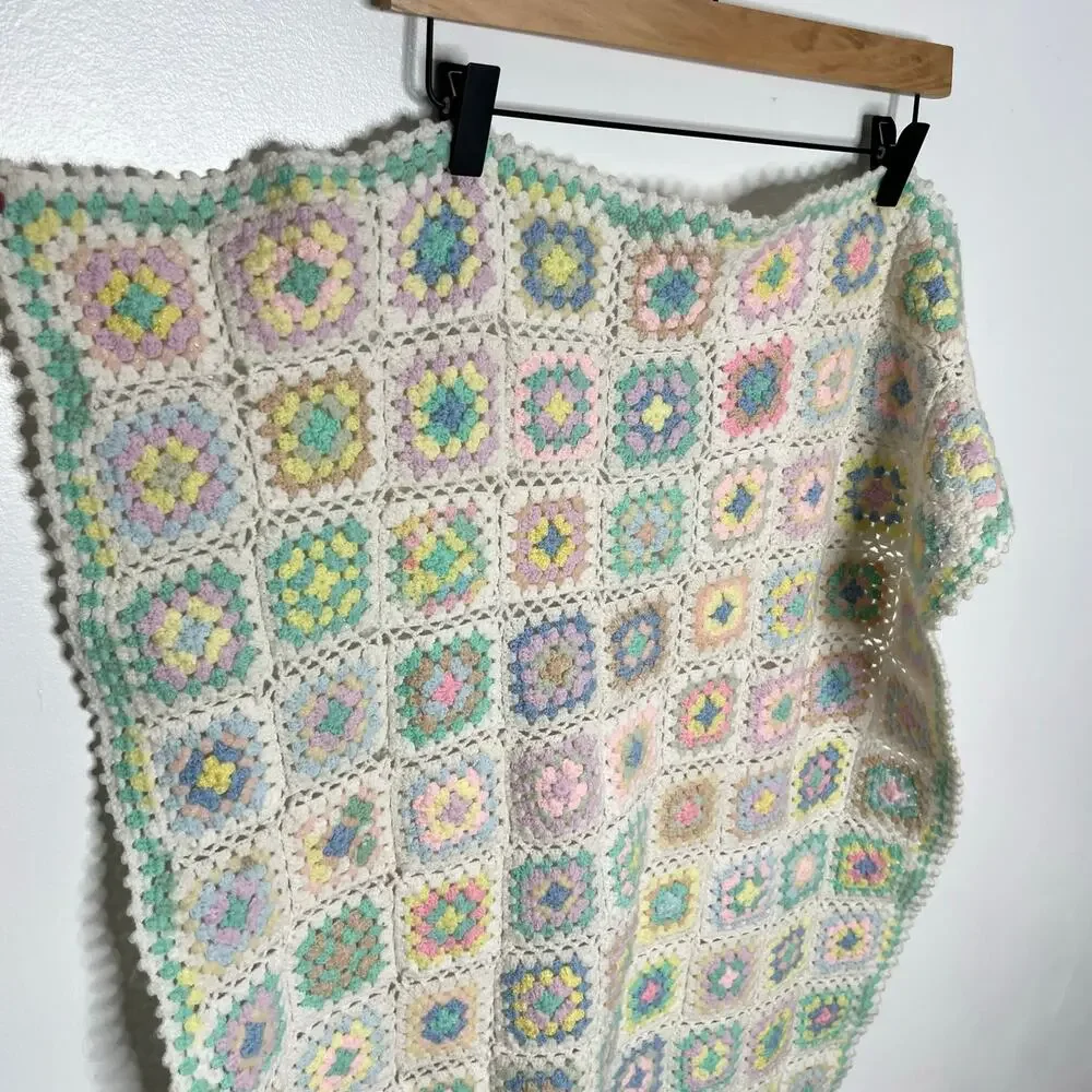 Handmade Crochet Granny Square Baby Blanket Small Ivory Pastel Colorful Knit